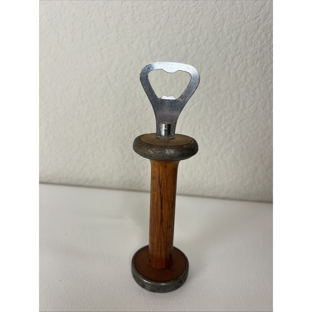 Vintage Dixons England Textile Bobbin Spool Bottle Opener Wood Industrial Bar
